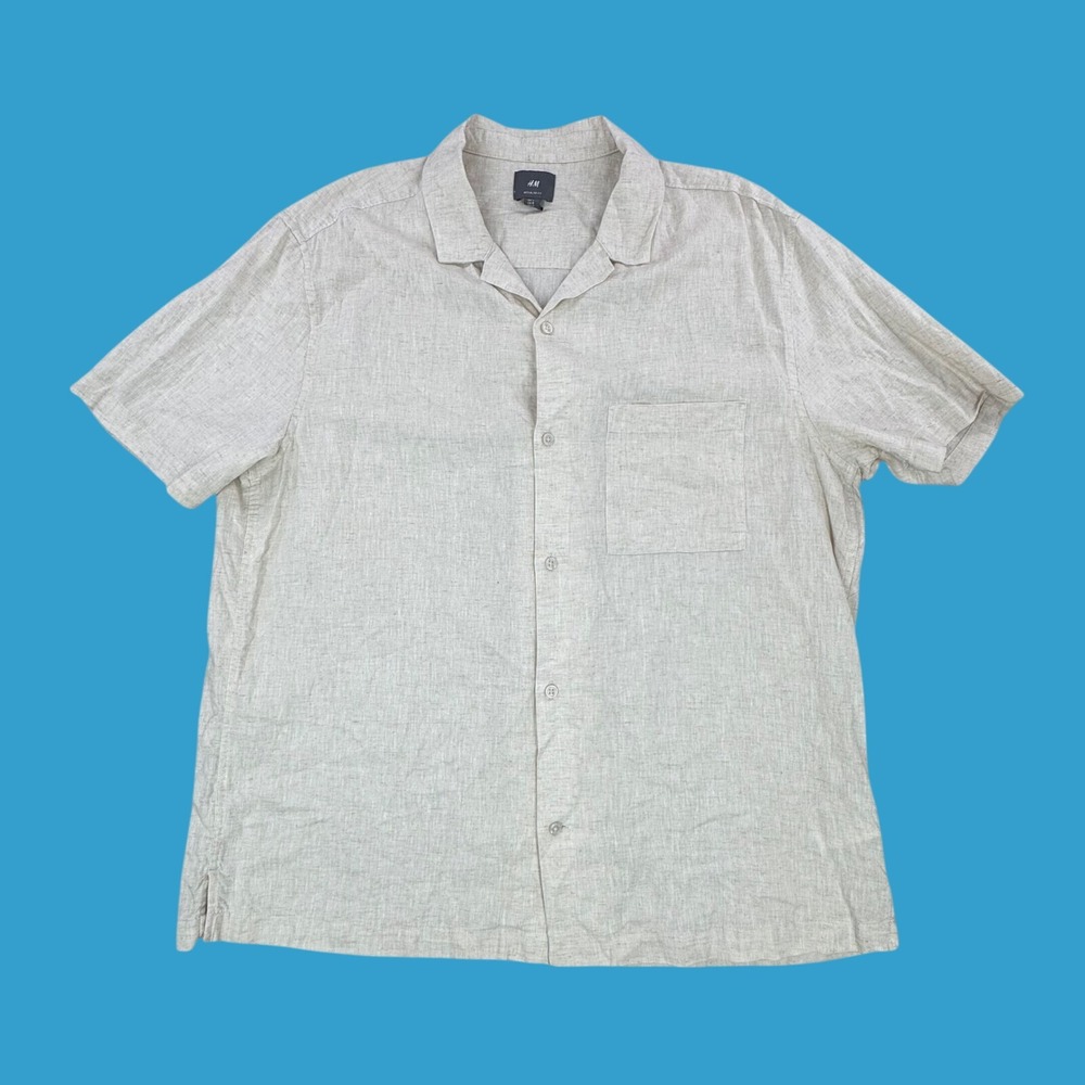 H&M Mens Regular Fit Linen Cotton Blend Short Sleeve Button Up Shirt Beige L